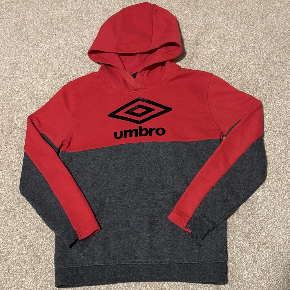 Umbro Youth Boys L 12-14 Red Gray Hoodie Sweatshirt Felt Velvet Logo Soccer